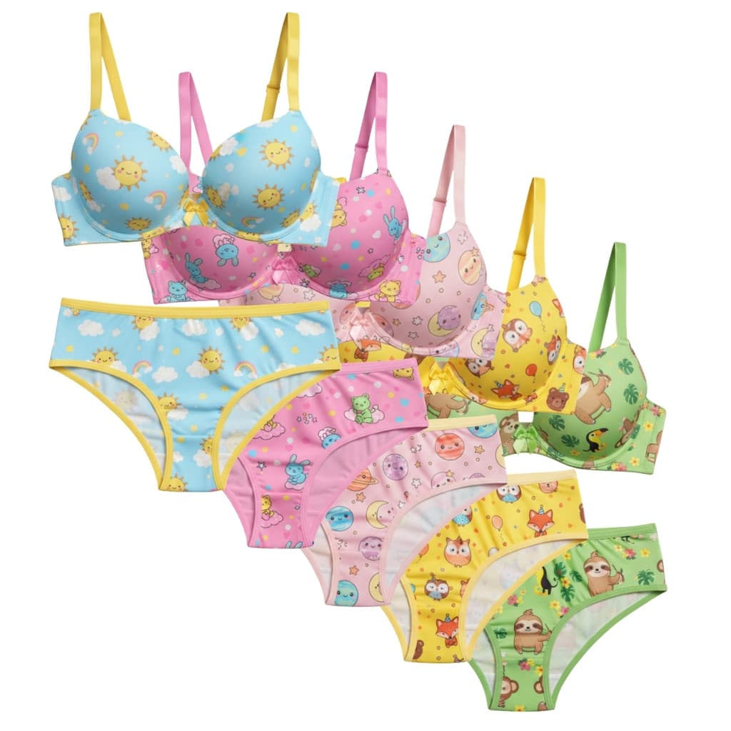 Kit 5 Conjunto Sutiã e Calcinha Juvenil Menina Moça Estampado Sutiã Com Bojo Confortável Algodão