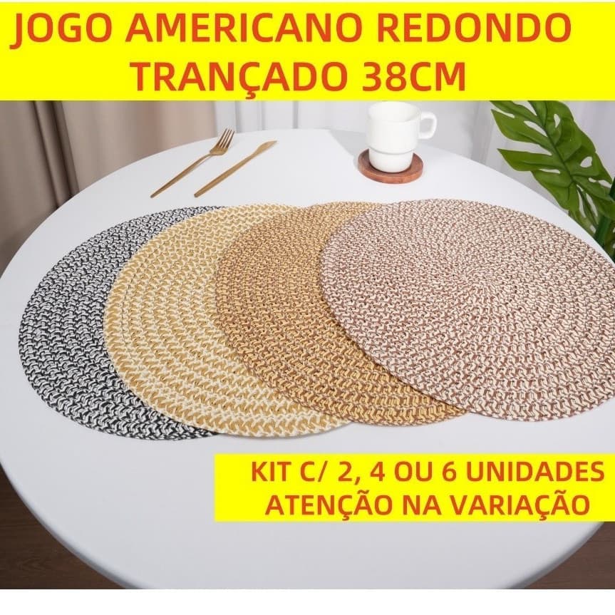 Jogo Americano Redondo 38cm Trançado Artesanal Rústico Kit 2, 4 Ou 6 Un Descanso Mesa Jantar Palha