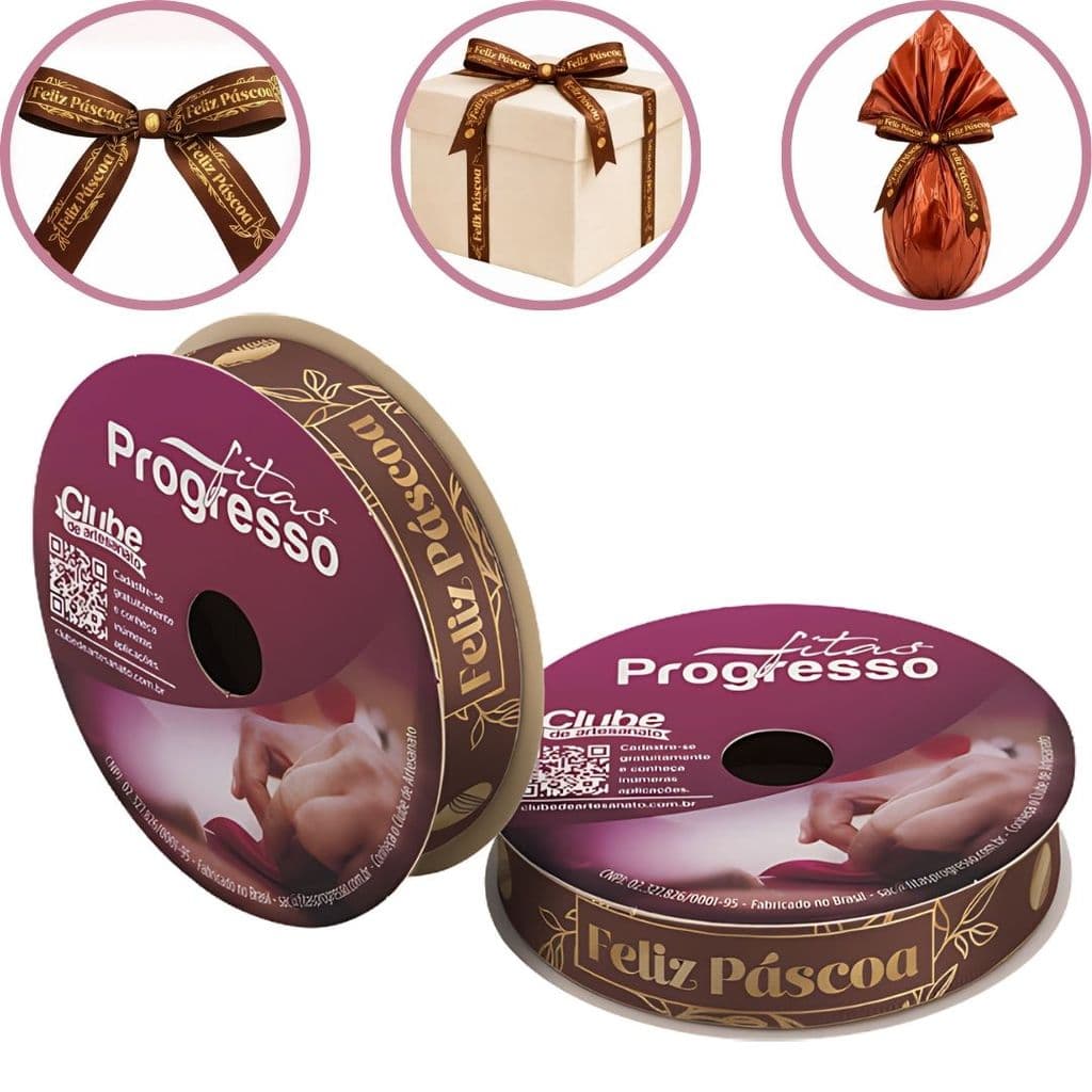 ROLO DE 10 METROS DE FITA CETIM 15 MM PÁSCOA MARROM 519 FITAS PROGRESSO