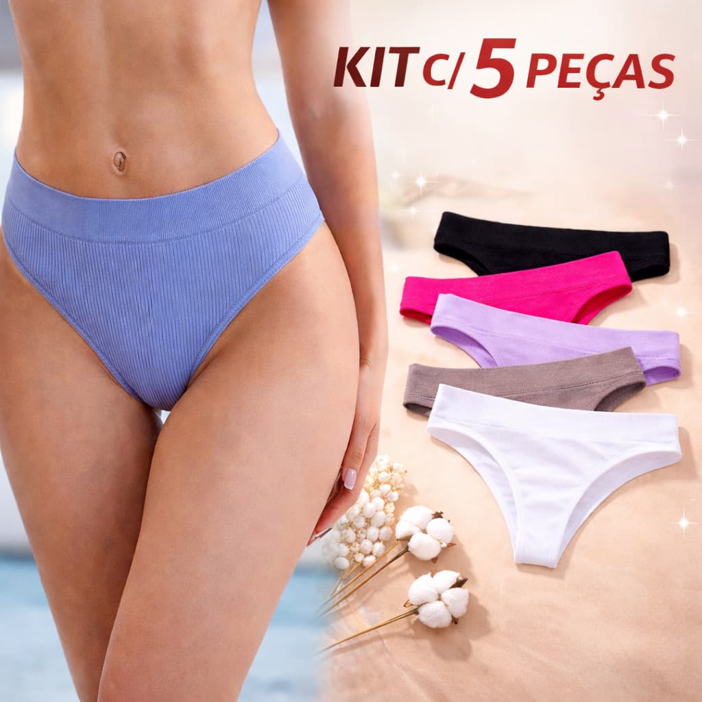 Kit com 5 Calcinhas Sem costura  canelada Tanga corte a Laser Não Marca na Roupa Confortavel