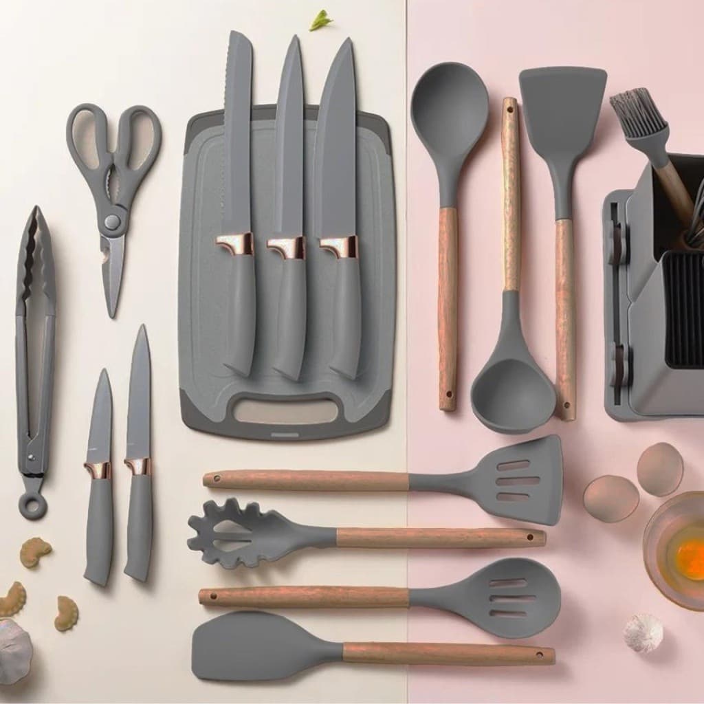 Kit Conjunto 19 Pçs De Utensílios Facas Silicone e Plástico Cozinha Jogo Completo Batedeira Colher Pegador