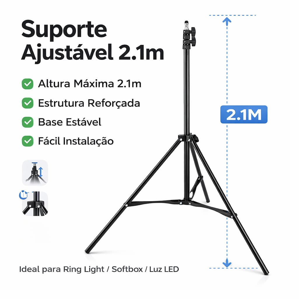 Tripé para Ring Light Ajustável Suporte para Iluminação Fotografia Estúdio