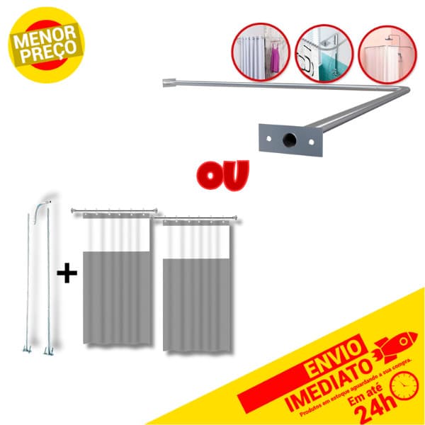 Suporte em L Curvo Para Cortina Box Banheiro / Kit 2 Cortinas de Box Com Visor + 1 Suporte em L