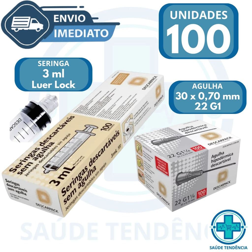 Kit 100 Und Seringa + Agulha 30x0,7mm Bico Rosca Luer Lock 3 Ml Descarpack