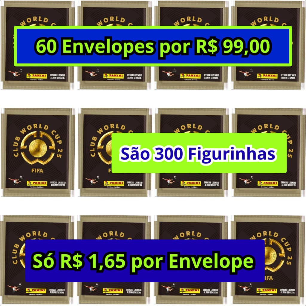 Kit 60 Envelopes de Figurinha Mundial de Clubes FIFA 2025 Panini - 300 Cromos - LIQUIDAÇÃO