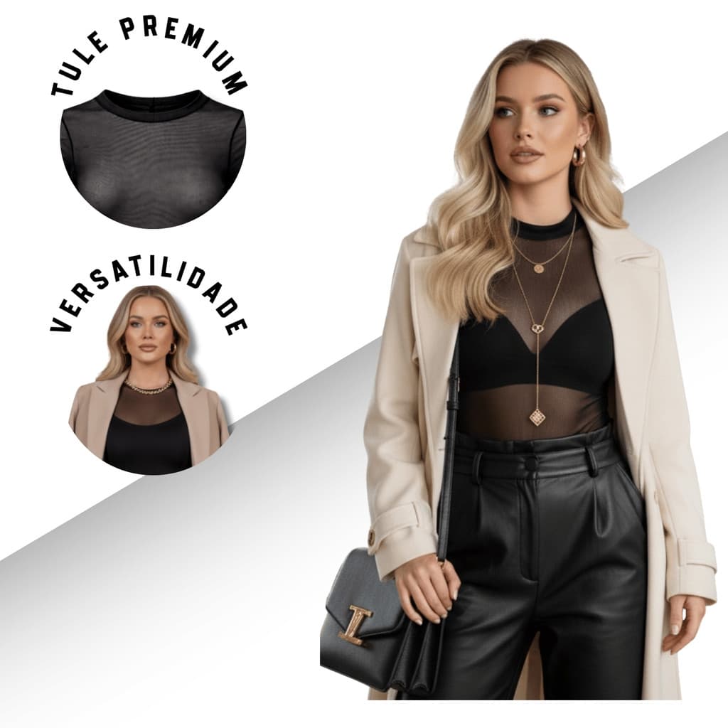 Blusa Feminina Bory Blogueirinha Moda Feminina Body Feminino Tule Camisa Luxo Manga Longa