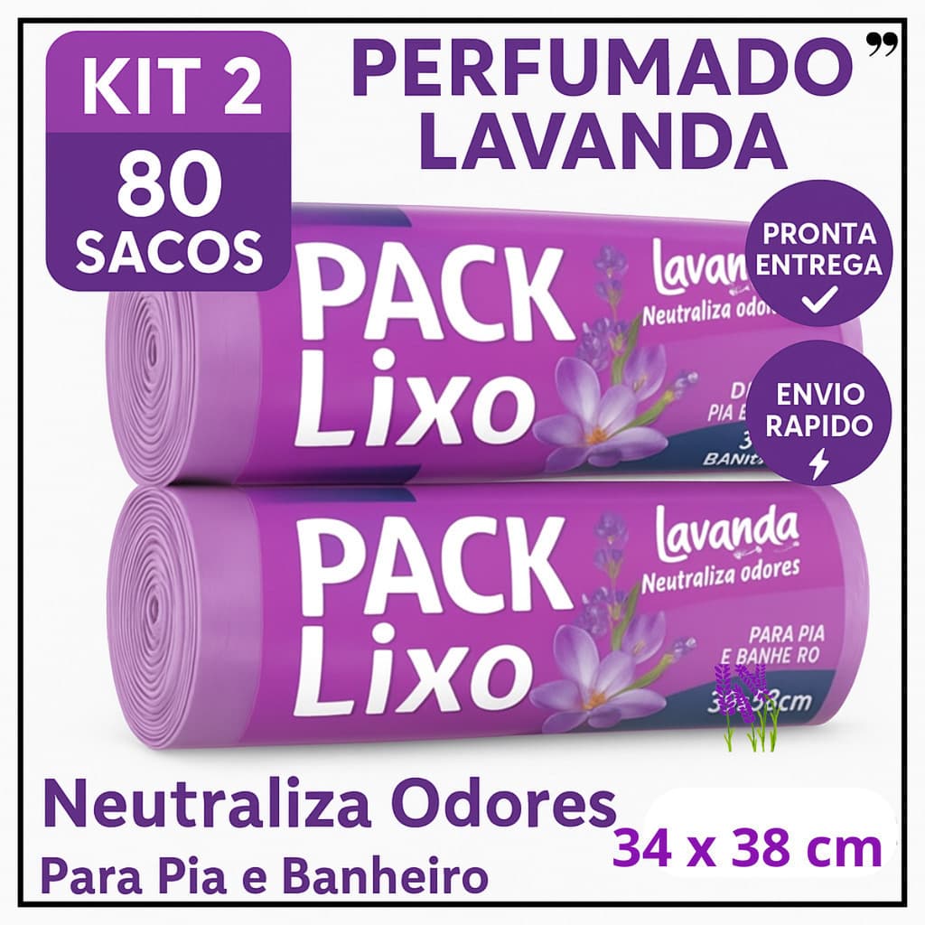 Sacos de Lixo Perfumados Lavanda | Kit 2 com 80 Sacos | Para Pia e Banheiro | 34x38cm | Neutraliza Odores