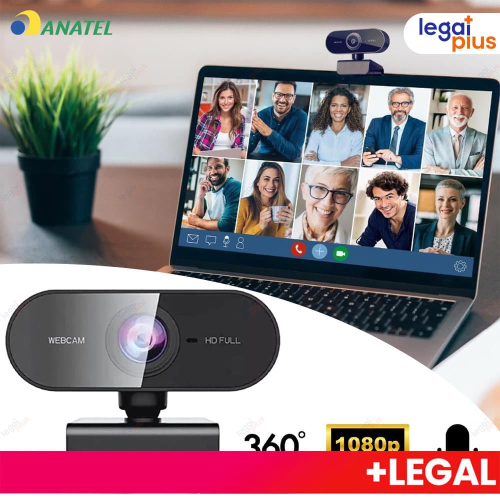 Webcam Full HD 1080p com Microfone Embutido Rotação 360° Ajuste Livre para PC Notebook Home Office