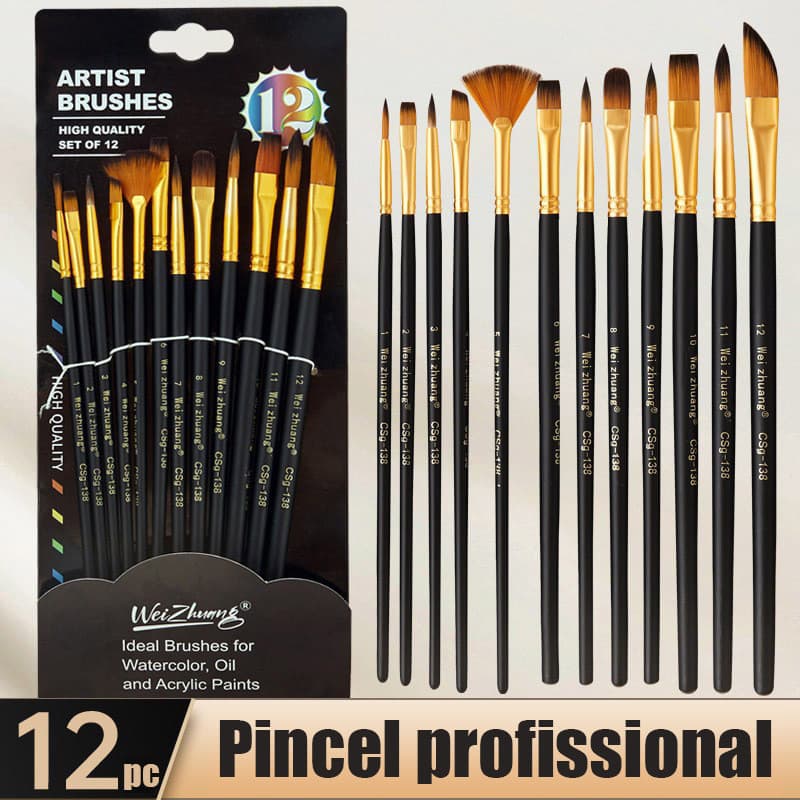 Kit com 12 Pincéis artísticos para pintura cerdas macias, aquarela, guache, pintura a óleo, acrílico