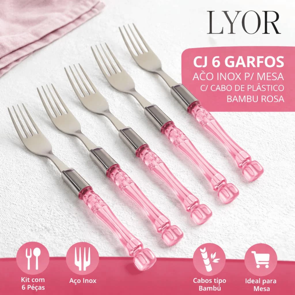 Conjunto 6 Garfos de Mesa Aço Inox com Cabo Plástico Bambu Rosa - Lyor / Talheres Posta Cozinha 