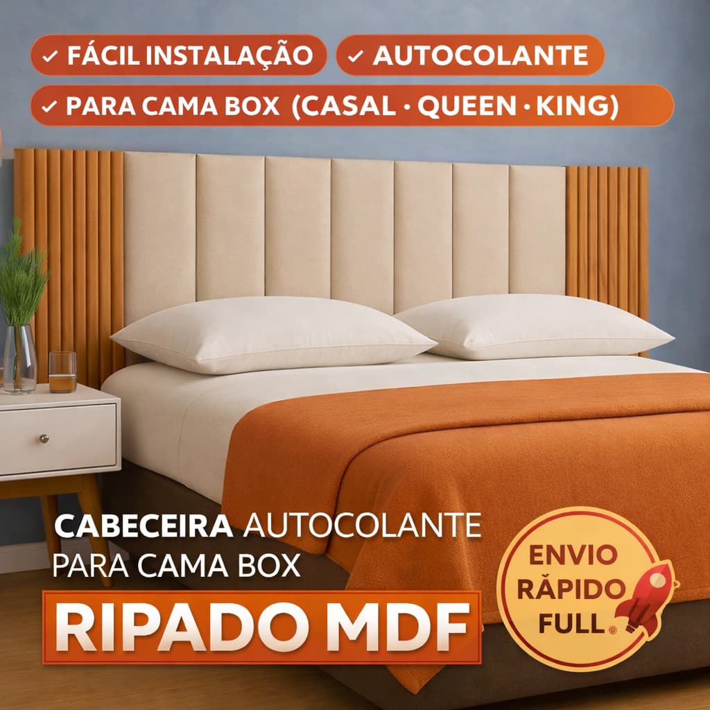 Cabeceira Ripado MDF Autocolante Modular Painel Ripado p/ Cama Box Casal Queen King Decoração