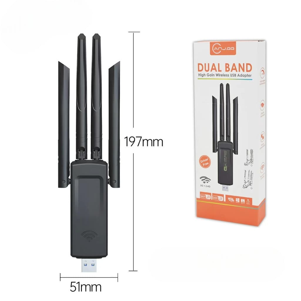 Adaptador WiFi USB Dual Band 2.4G/5G 4 Antenas Alto Ganho USB 3.0 yihan