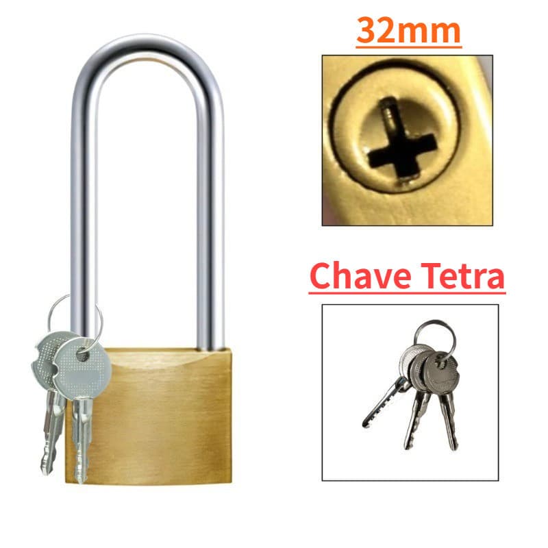Cadeado Latão Chave Tetra Haste Longa 32mm / 38mm Para Segurança Versátil Com 3 Chaves Tetras