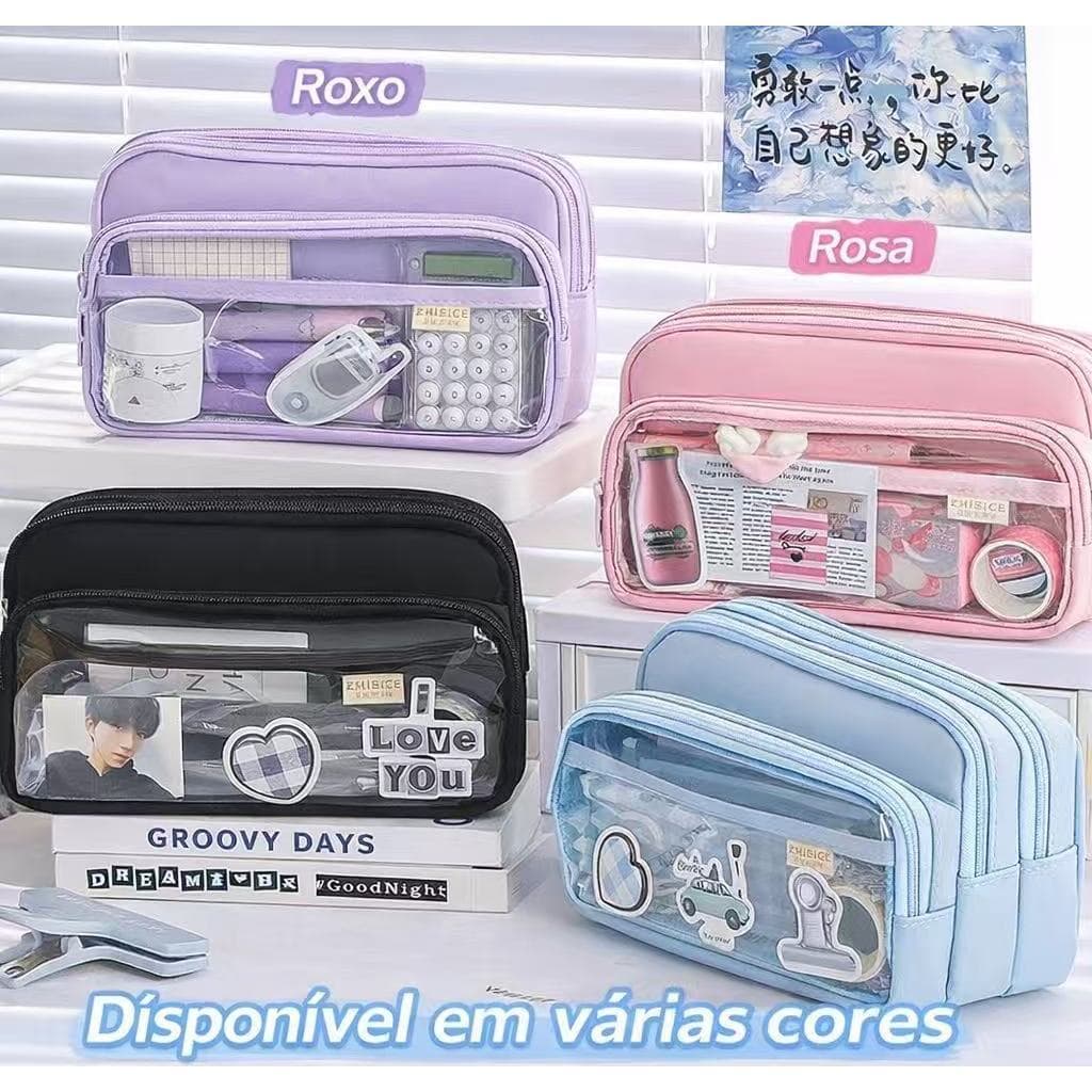 Estojo Chique De Cor Sólida,Simplicidade Coreana , Bolsa Transparente Para Caneta,Grande Capacidade