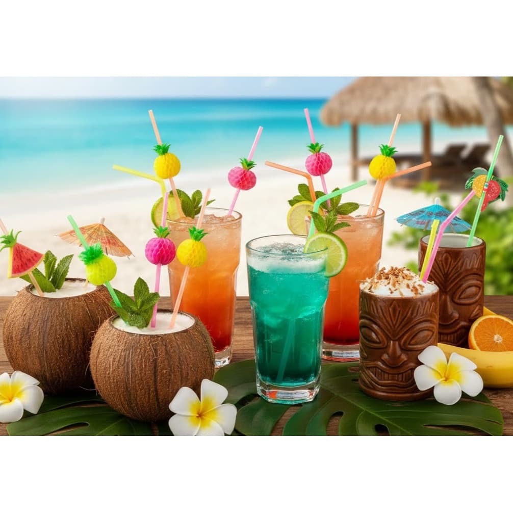 Kit 12/24/36/48 Canudos Frutas Tropicais Coloridos  p/ Drink e Bebidas