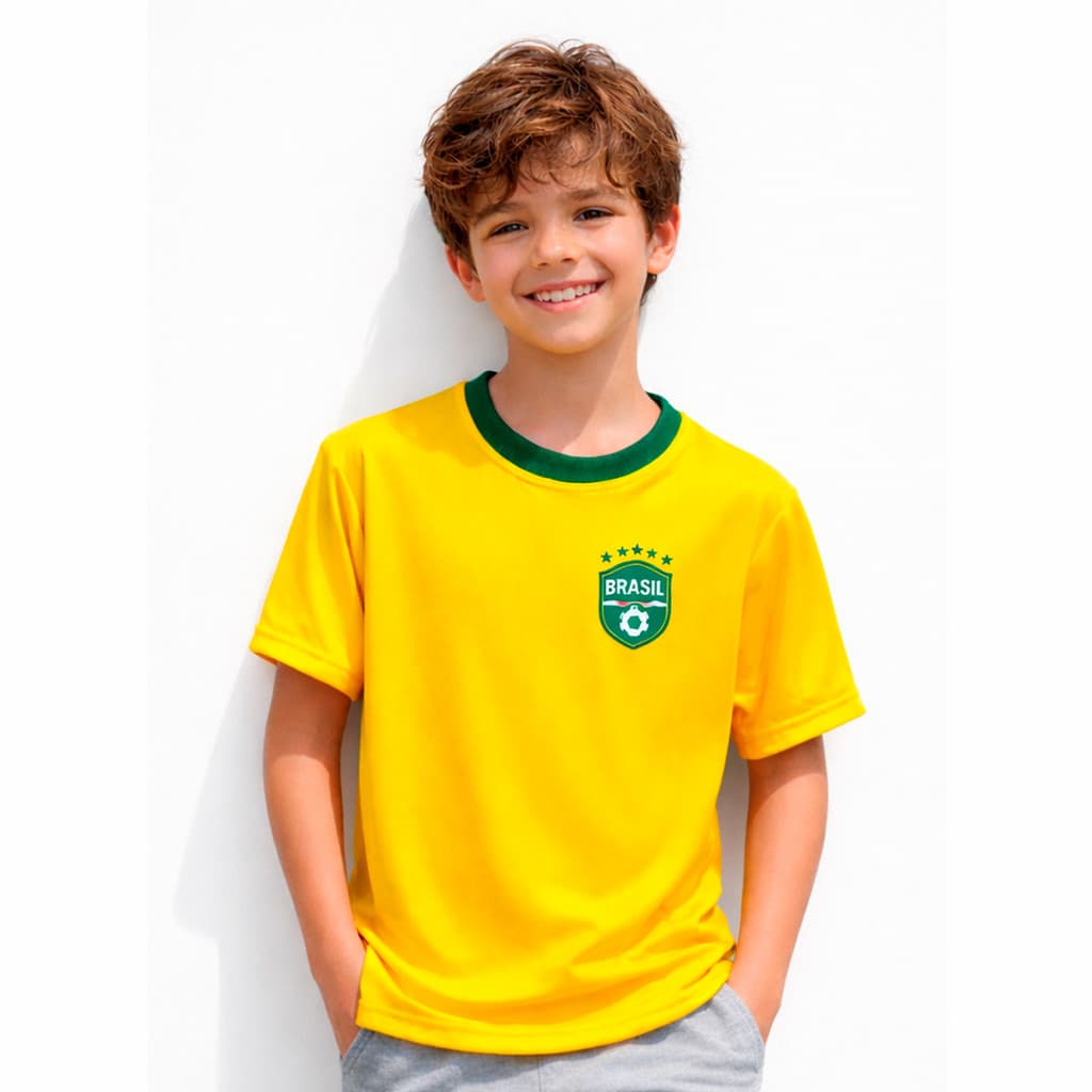 Camisa Infantil Seleção Brasileira Copa 2026 Mundo Brasil unissex menino menina poliéster secagem rápida entrega hoje