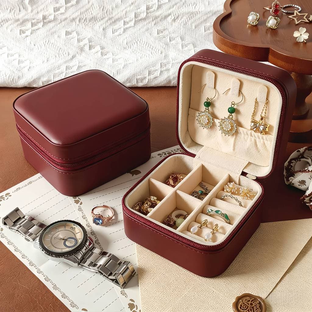 Porta-Joias de Couro Mini, Portátil e Duplo Camada | Organizador Multifuncional