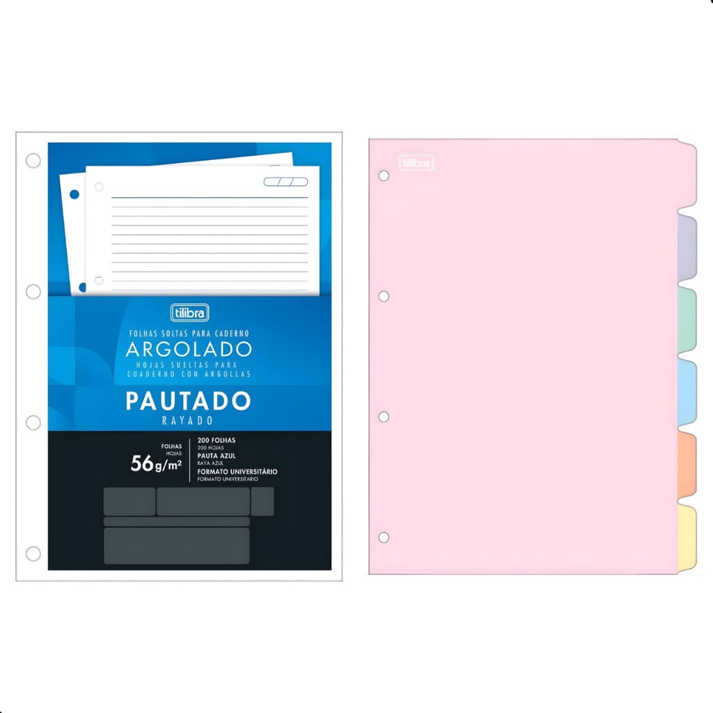 Kit Refil Caderno Argolado Fichário Tilibra 200 Folhas Soltas + 6 Divisórias Tons Pastéis Tilibra