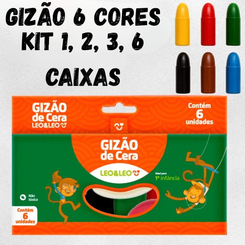 Gizão 6 Cores Kit 1 2 3 6 Caixas Giz de Cera Infantil Escolar Colorido Desenho Arte Segura Não Tóxico Material Escolar