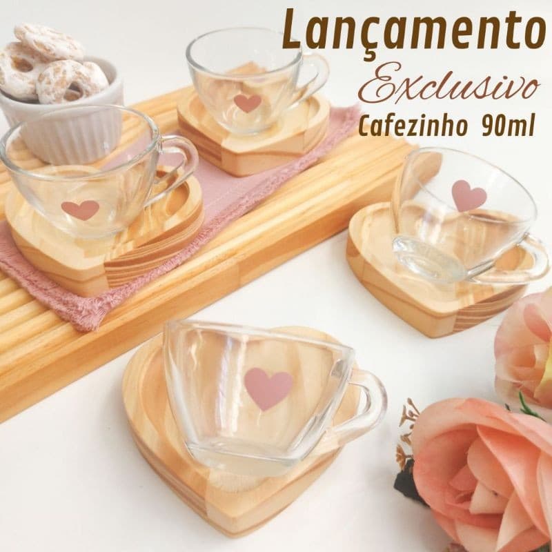 Jogo Xícaras de Café Pires de Madeira Coração Cantinho do Café Nescafe Dolce Gusto Expresso