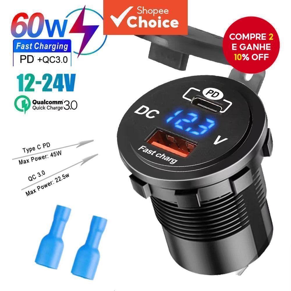 Carregador de Carro 60w com Display de Voltagem, Porta Usb Tipo C Pd+qc3.0 de Duas Saídas para Motocicleta, Caminhão e