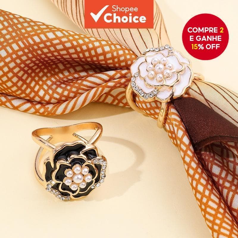 Fivela de Camélia Pérola com Três Anéis para Lenço de Seda
