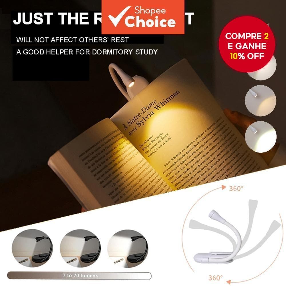 Luz de Livro LED Portátil Recarregável USB, Protetora dos Olhos, Mini 360° Clip-On para Leitura.