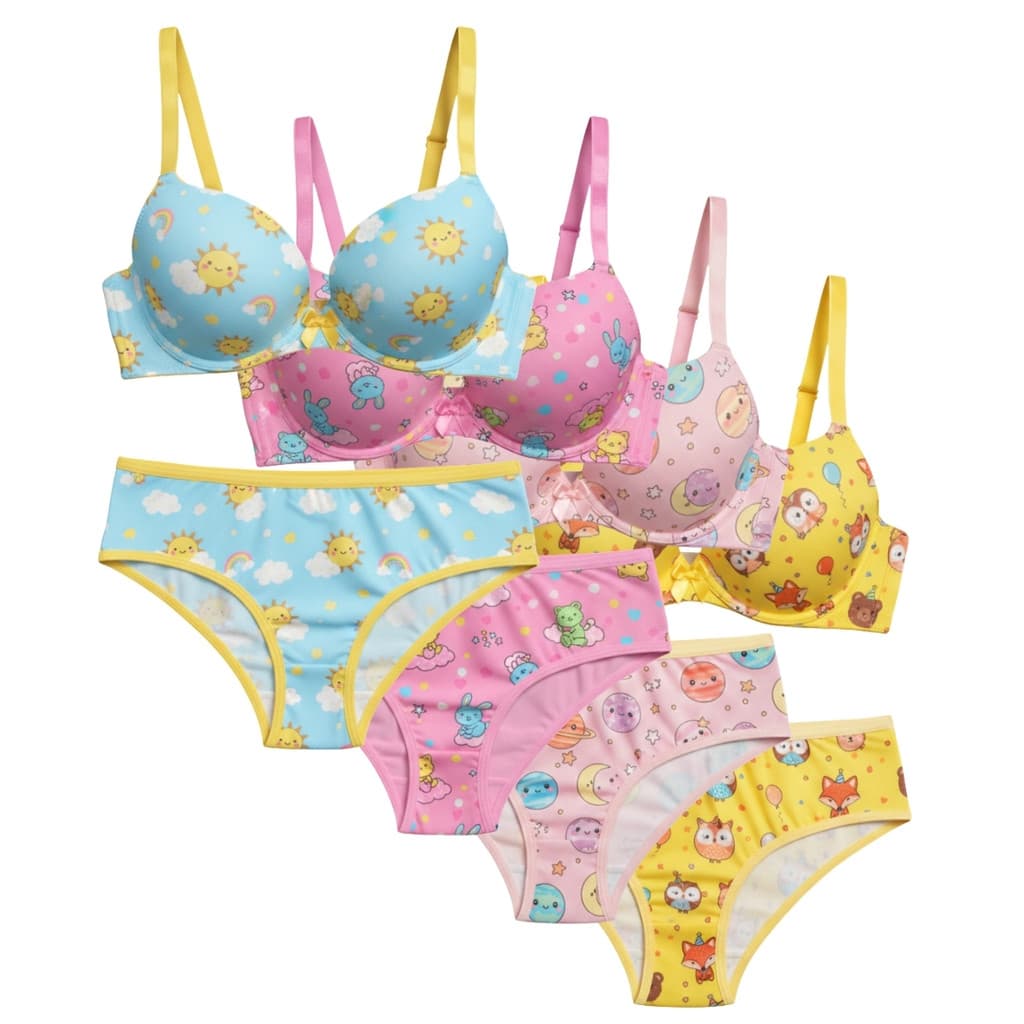 Kit 4 Conjunto Sutiã e Calcinha Juvenil Menina Moça Estampado Sutiã Com Bojo Confortável Algodão