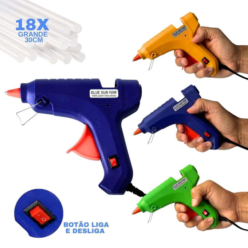 Pistola de Cola Quente Grande 100W + 18 Bastões 11mm Profissional Bico Fino Não Pinga Botão LIGA/DESL Bivolt