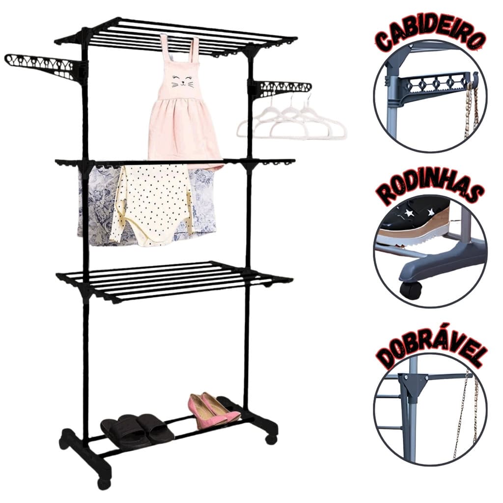 Varal Dobrável 3 Andares com Rodinhas | Metal Reforçado | Suporta 20kg | Envio imediato