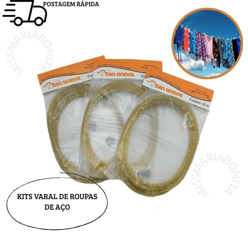 Kit 2/3/4 Varal De Roupas Fio De Aço 10 Metros Revestido com PVC Reforçado Suporta Roupas Pesada-MMB