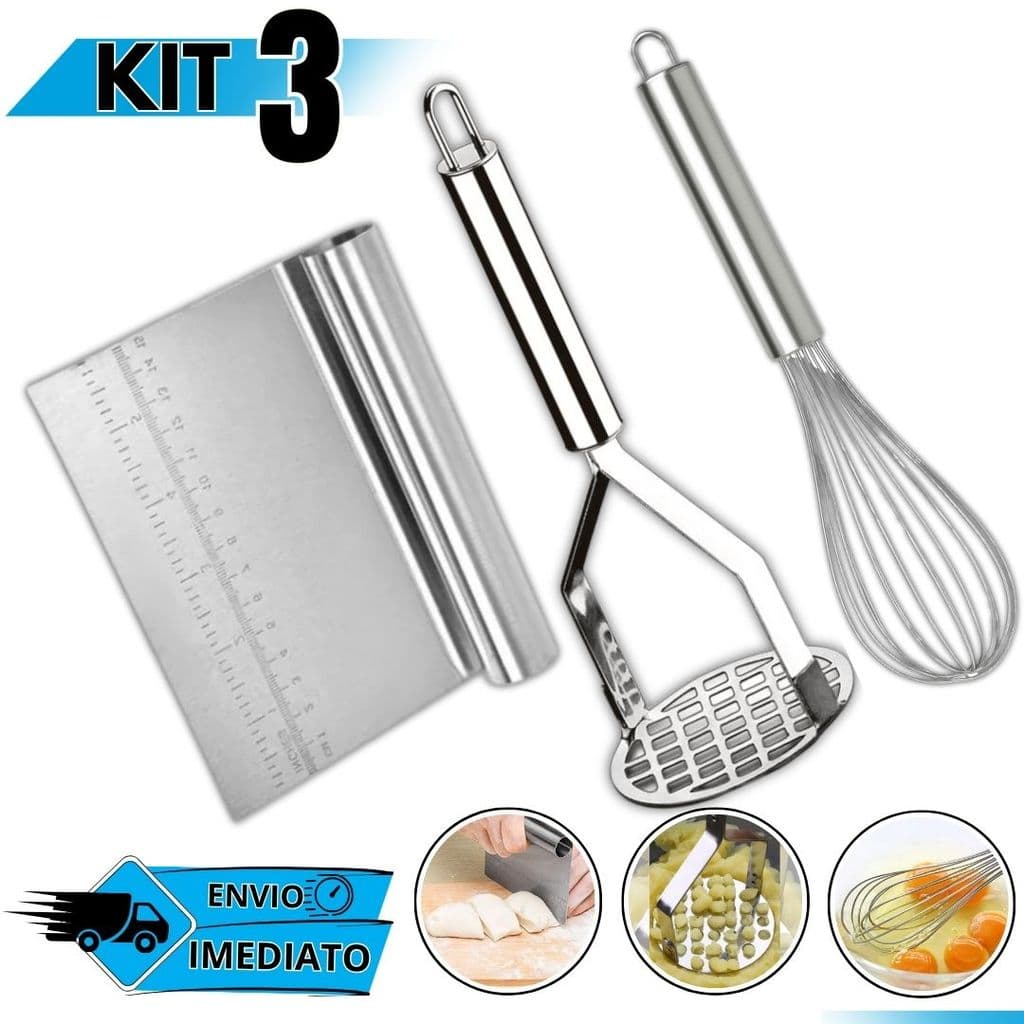 Kit Inox Cozinha Completo Fouet Espátula Reta Amassador Batata Legumes Purê