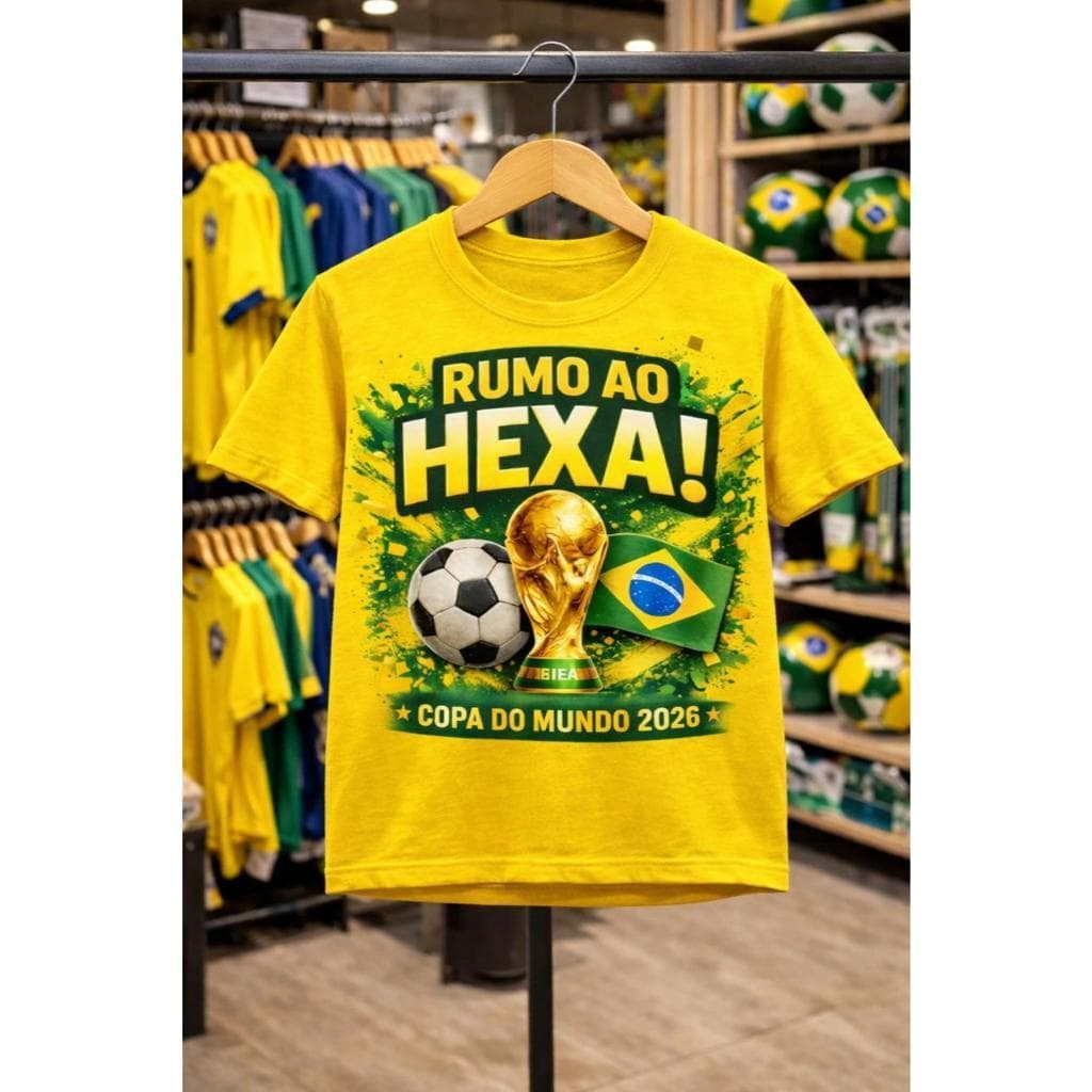 Camiseta Brasil Rumo ao Hexa 2026 Unissex 100% Algodão – Infantil e Adulto