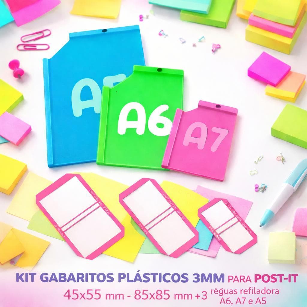 ✨ KIT GABARITOS PLÁSTICOS 3MM PARA POST-IT + RÉGUAS REFILADORA A6, A7 e A5 Papelaria Encadernação Scrapbook