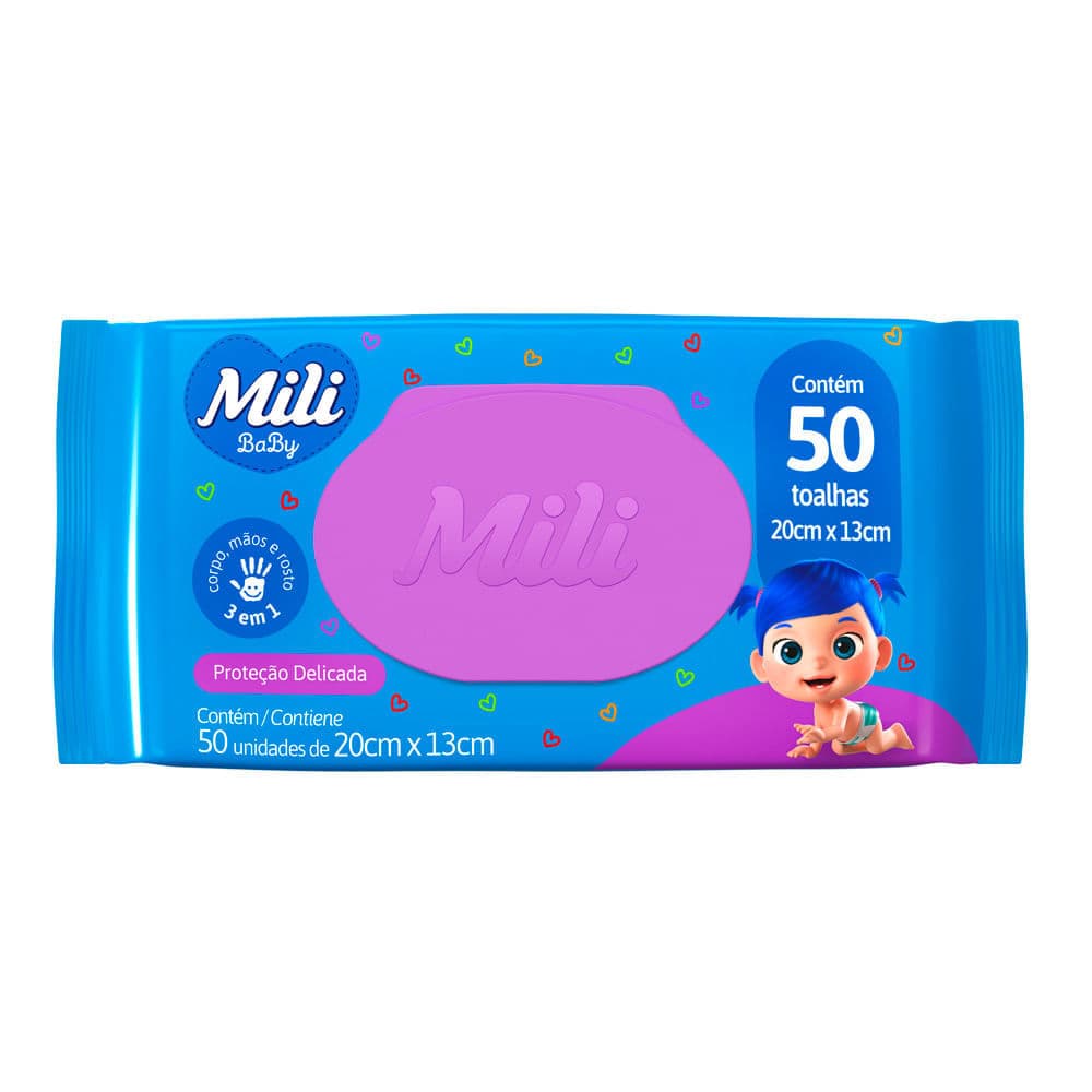 Toalha Umedecida Mili com 50 Unidades