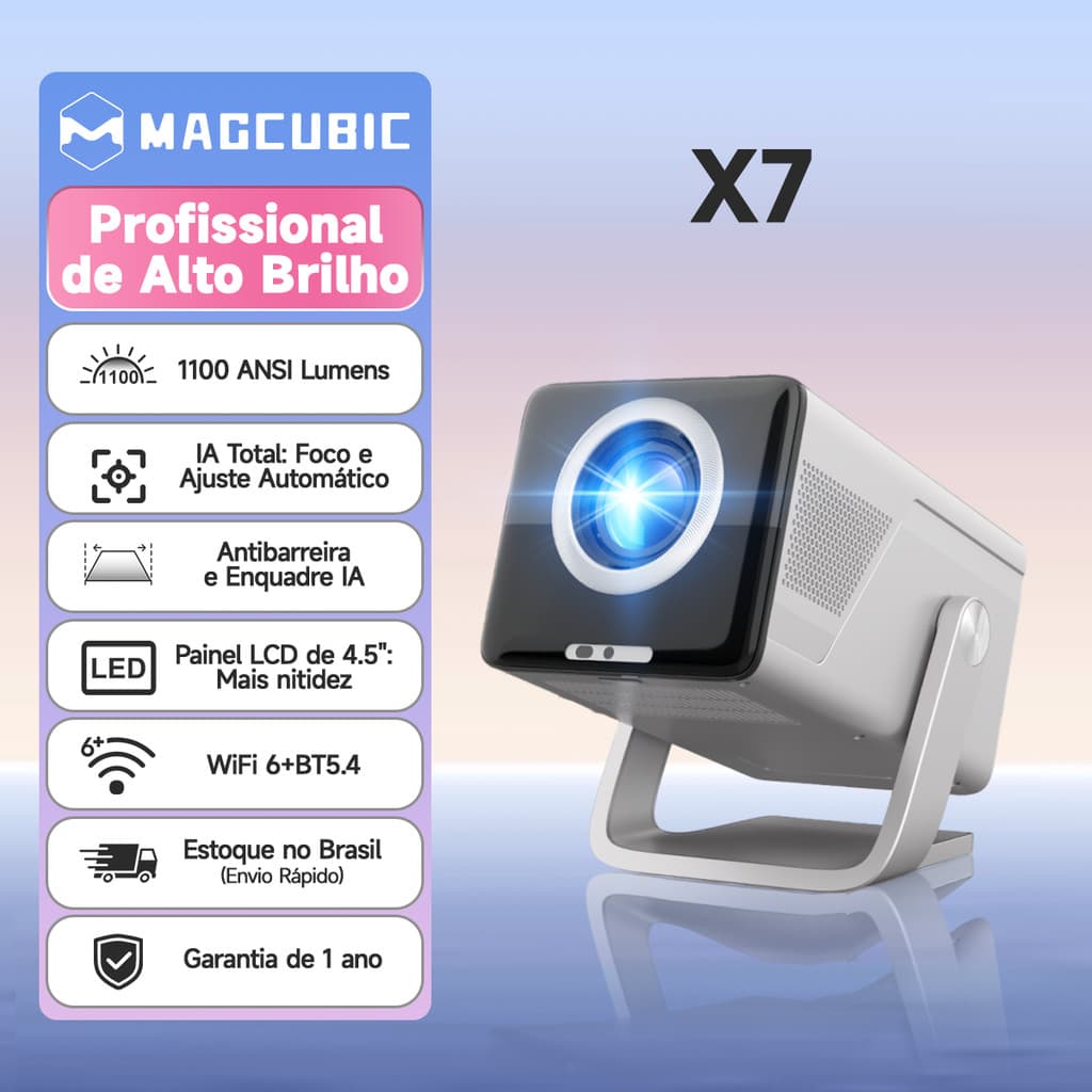 Projetor Magcubic X7 1000 ANSI Nativo 1080P Suporte 4K/8K Android 14 Foco Automático WIFI6 Cinema Em Casa