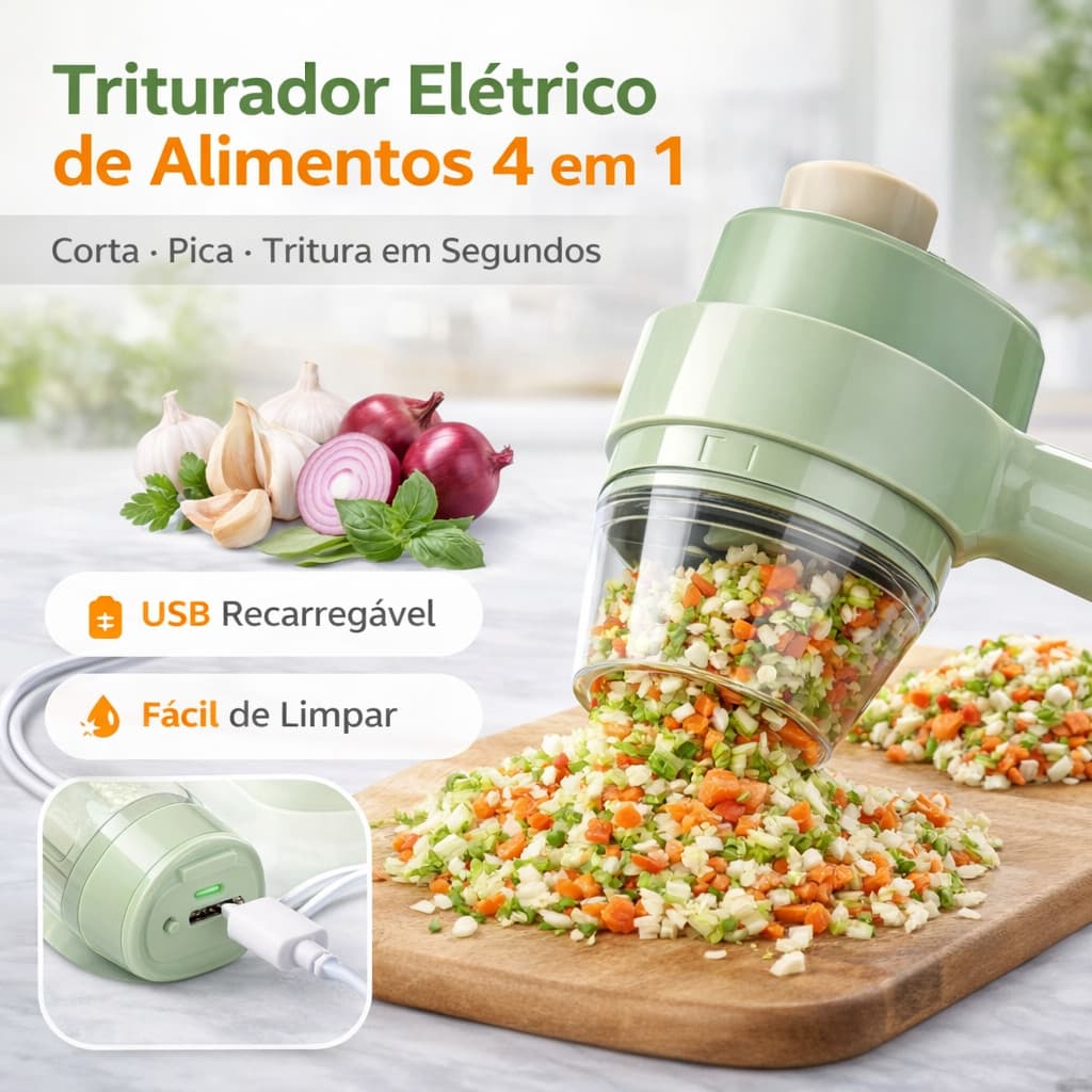 Triturador Elétrico 4 em 1 USB Sem Fio Cortador de Alho e Legumes Mini Processador de Cozinha