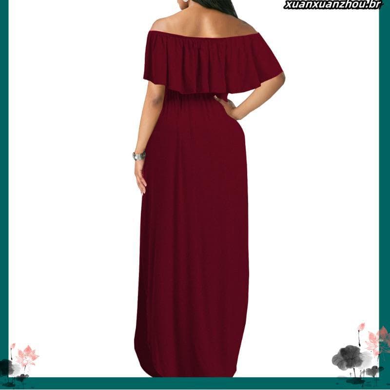 Vestido Feminino Plus Size Longo Gestante Moda Evangélica Ombro A Ombro Com Fenda Lateral Sem Manga