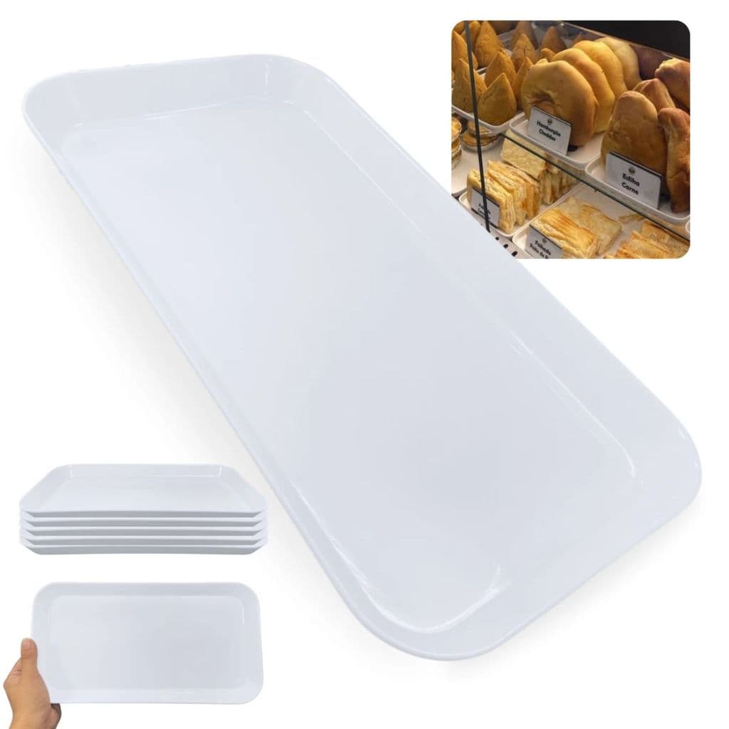 Kit 5 Bandejas Melamina 31cm Vitrine Padaria Confeitaria Estufa Buffet Restaurante Porções Branca