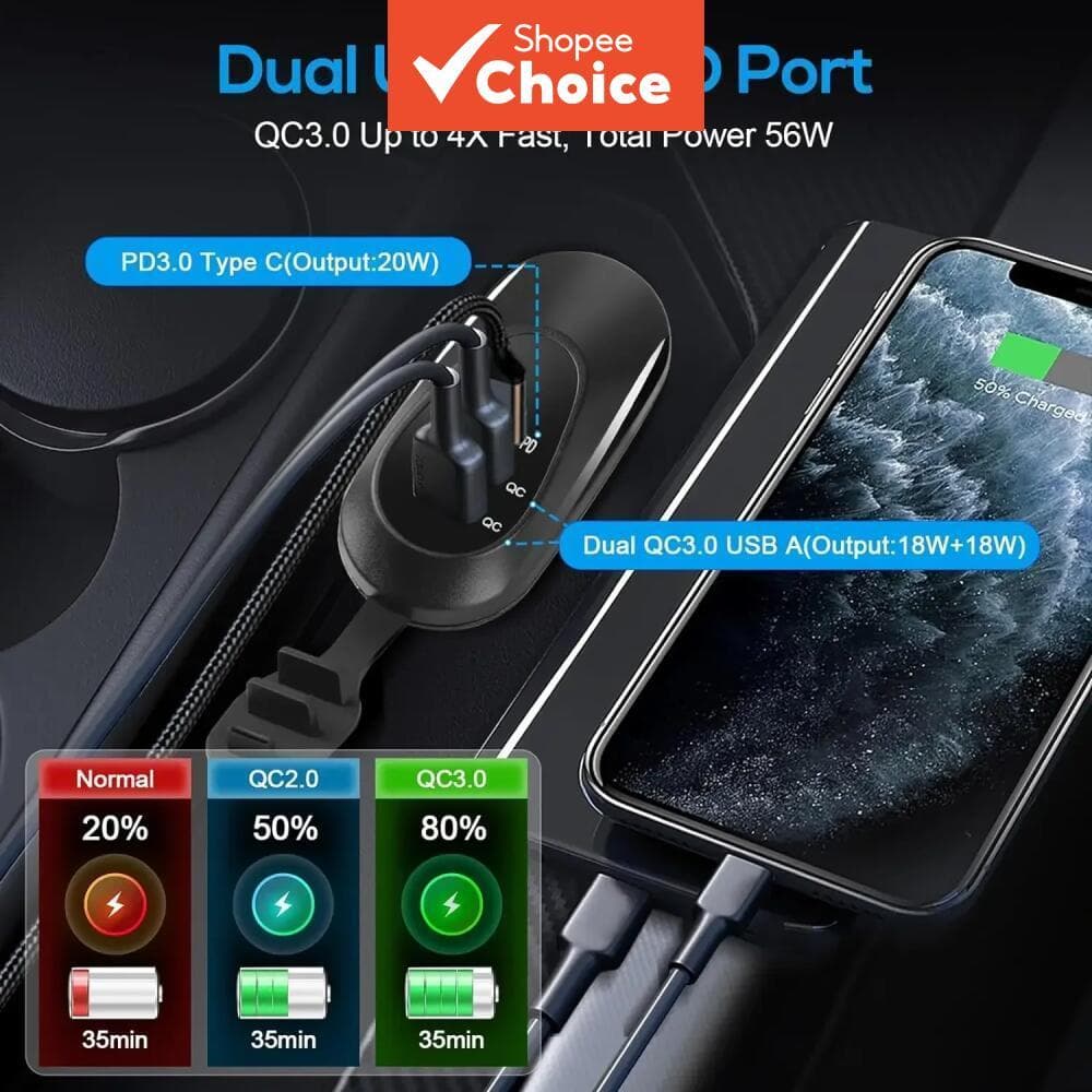 Carregador Rápido De Carro De 3 Portas 56 W Dual QC3.0 + PD3.0 USB-C Outlet Para SUV Marine Truck RV