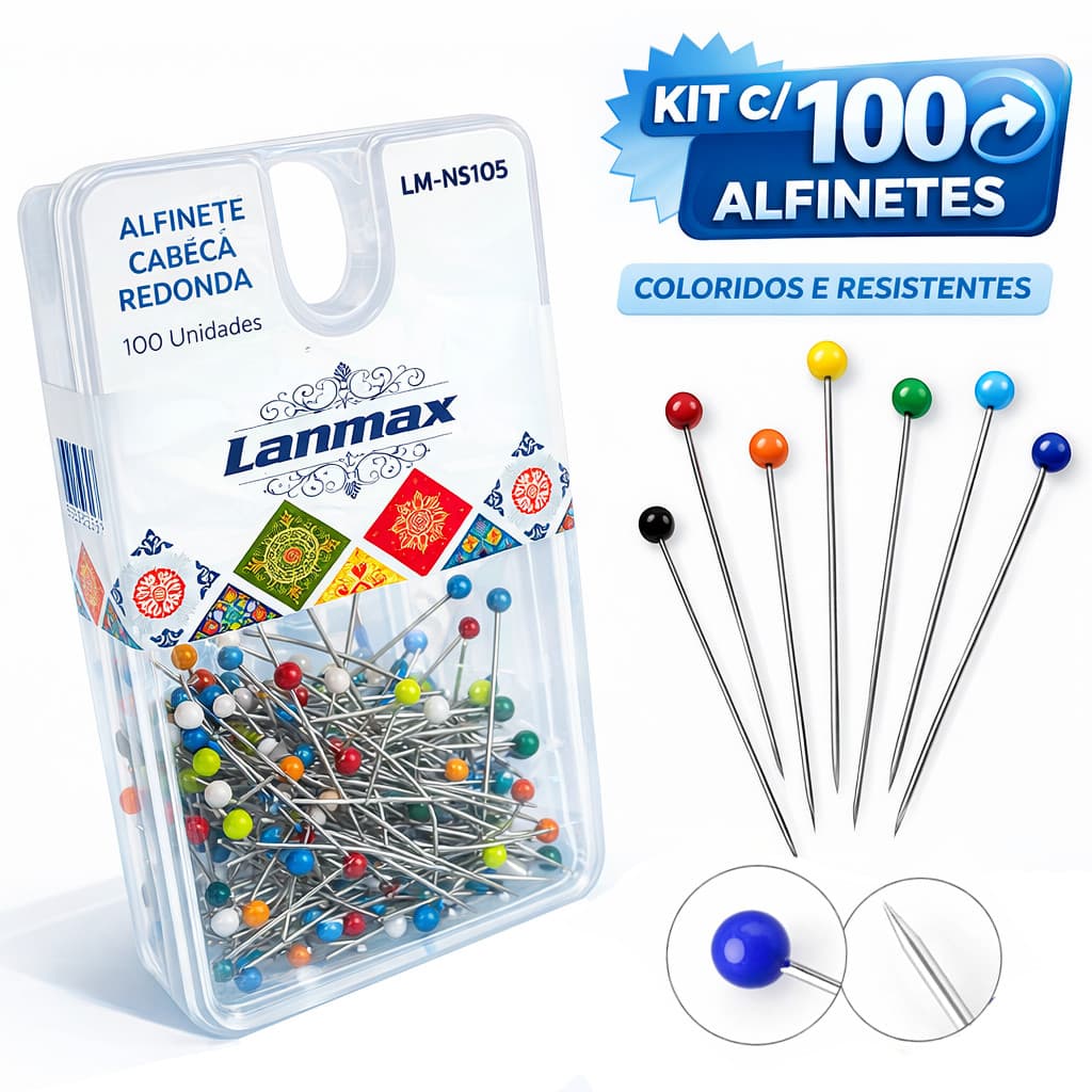 100 Alfinete de Costura e Artesanato Cabeça Vidro Inox Fino