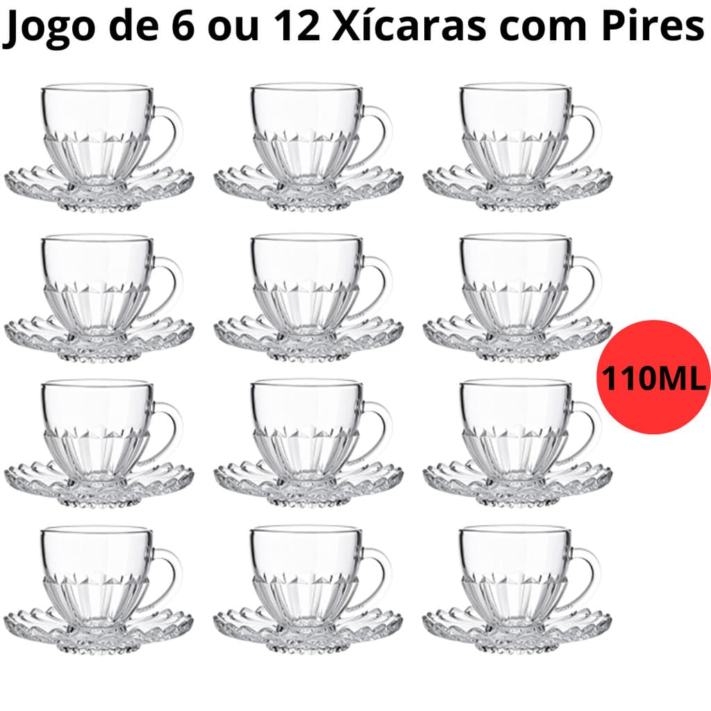 Jogo de Xícara com Pires 12 ou 24 Peças Cafe e Cha Brasiliano Transparente Vidro 110ml Decorada Luxo