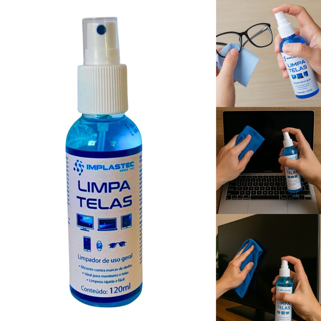 Spray Limpa Telas e Óculos Implastec 120ml – p/ Celular, Monitor, Tablet, Lentes e Mais!