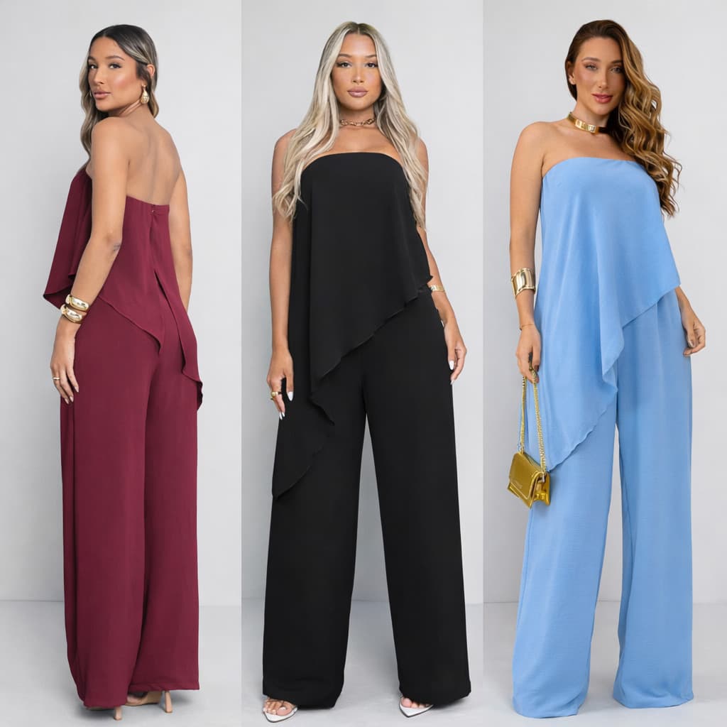 Macacão Feminino Assimétrico Pantalona Longo Soltinho Duna Tomara que caia Alfaiataria Social Elegante Verão Carnaval