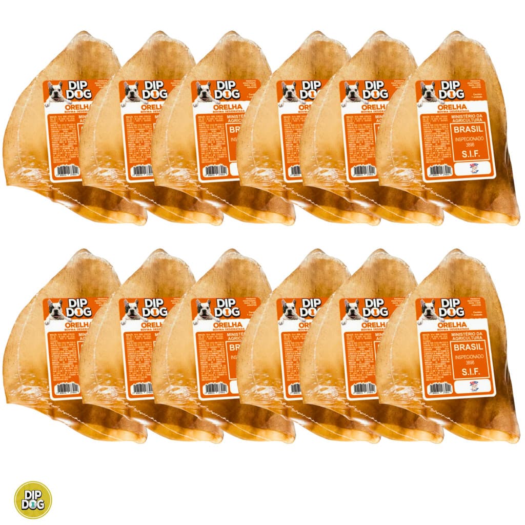 Kit Pacote com 12  Orelhas Bovina Mordedor Desidratado Natural DIP DOG