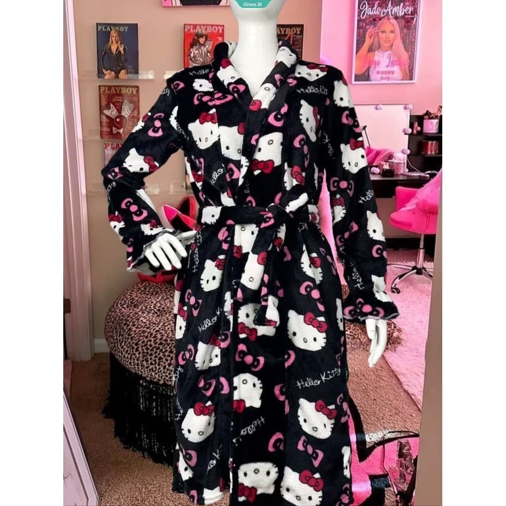 Roupão De Inverno Feminino Fofo Sanrio Hello Kitty Preto YK2 Estilo Japonês Engrossado Coral Velo Desenho Animado Banho 