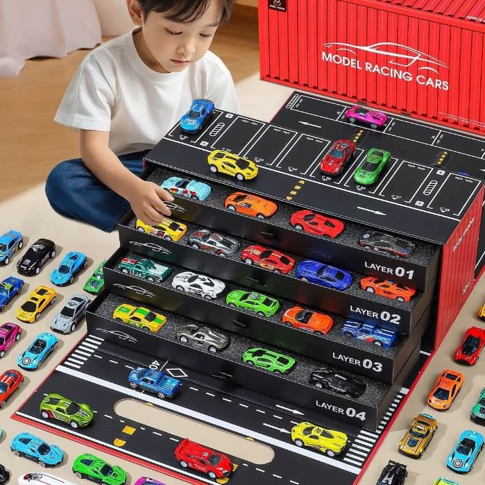 Brinquedo Kit 48 Carrinhos com Fricção de Lata Metálica Coloridos - Caixa Container que Vira Pista 8758