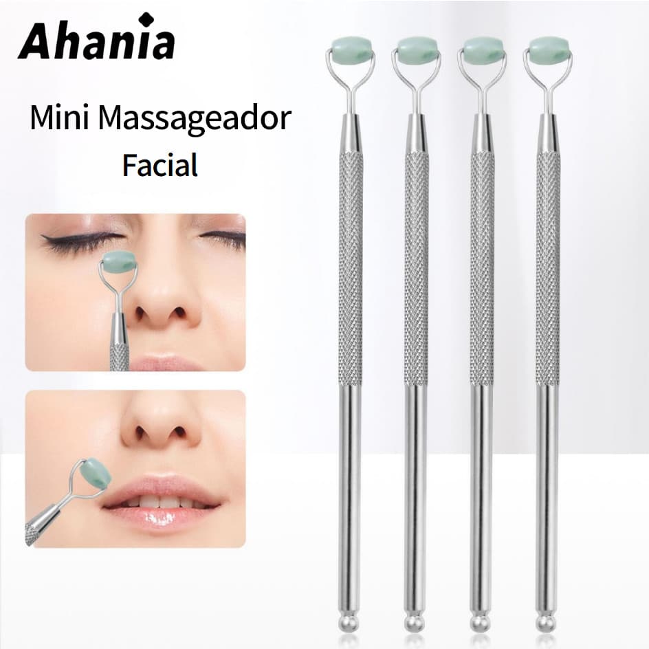 Massageador Facial com Mini Rolo de Jade Natural & Esfera de Aço 2 em 1,Massageador com Precisão para Área Olho e Nariz