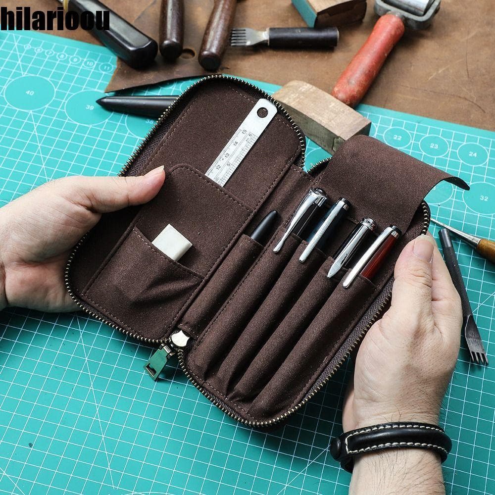 HILARIOOU Estojo De Couro Genuíno , Bolsa Para Caneta-Tinteiro Artesanal Com Design De 4 Slots , Estilo Vintage