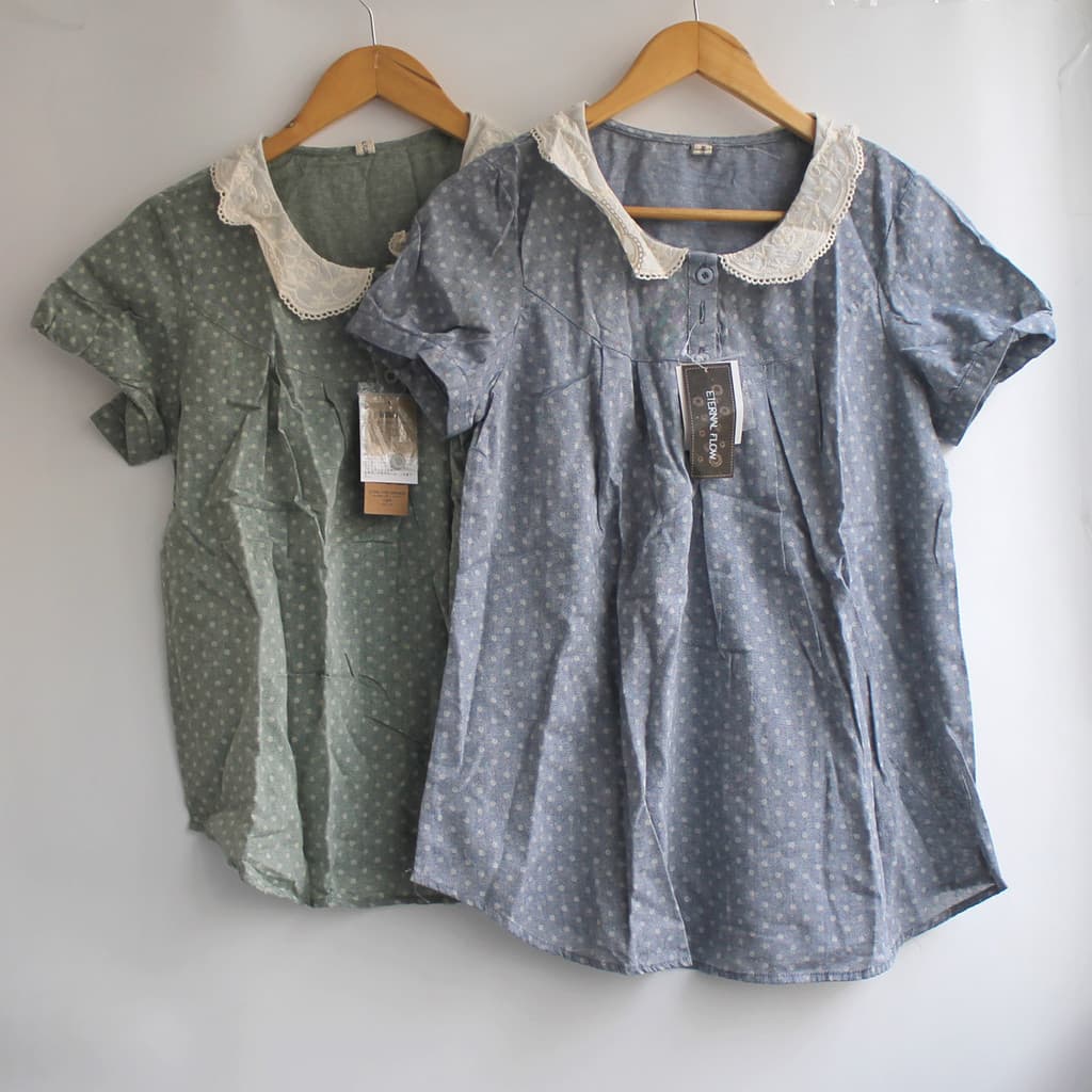 Japão Mori estilo crochê lapela bolinhas algodão linho de manga curta camisa do bebê das mulheres grávidas camisa de man